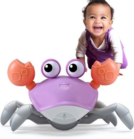 Purple Crawling Crab Baby Toy – Violet Tummy Time Interactive Moving Crab Toy with Music & Lights, Cute Running Escape Catch Me Toy for 0–6 Month Infants, 6–12 Month Crawlers & Early Walkers