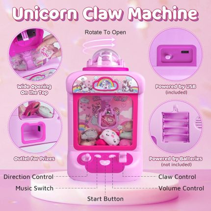Marlrin Claw Machine for Kids, Mini Vending Machine Girls Unicorn Toys | Candy Grabber Prize Dispenser with Sound & 20 Mini Plush Toys, Electronic Arcade Game Indoor Toy for Home Party Birthday Gift