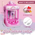Marlrin Claw Machine for Kids, Mini Vending Machine Girls Unicorn Toys | Candy Grabber Prize Dispenser with Sound & 20 Mini Plush Toys, Electronic Arcade Game Indoor Toy for Home Party Birthday Gift