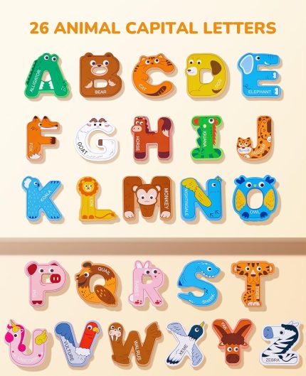 JoyCat Wooden Thick Alphabet Magnets for Toddlers Fridge Large Size Cute Animal Colorful ABC Magnetic Letters 26 Uppercase Letters Educational Toy Set for Kids Toddlers Preschool Learning Spelling | Thick wooden magnetic letters with cute animal designs, uppercase ABC, preschool learning, spelling toy for toddlers kids