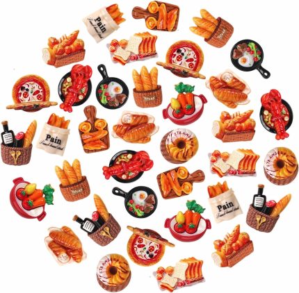 36-Piece Cute Resin Fridge Magnets Set - Colorful Kitchen Refrigerator Magnets for Home & Office, Whiteboard Magnetic Stickers for Photos, Notes, Memos, Shopping Lists (Bread and Food Series)