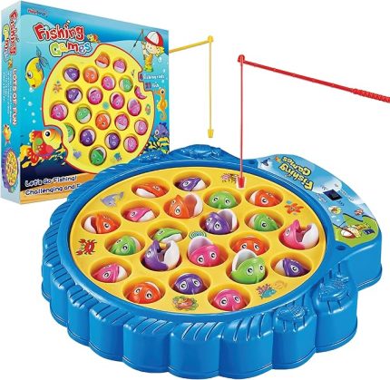 Fishing Game Toy for Kids and Toddlers, Rotating Fish Catching Board Game, Battery Operated Play Set with Music On Off Switch for Quiet Play