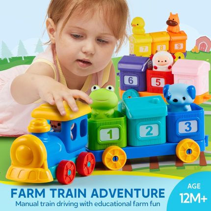 Play-Act Learning Toy for Toddlers 1 2 3 Years Old, Counting, Matching & Sorting Montessori Learning Farm Train Including 9 Farm Animals, Birthday Gift for Baby Boys Girls