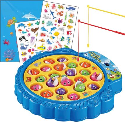 Fishing Game Toy for Kids and Toddlers, Rotating Fish Catching Board Game, Battery Operated Play Set with Music On Off Switch for Quiet Play