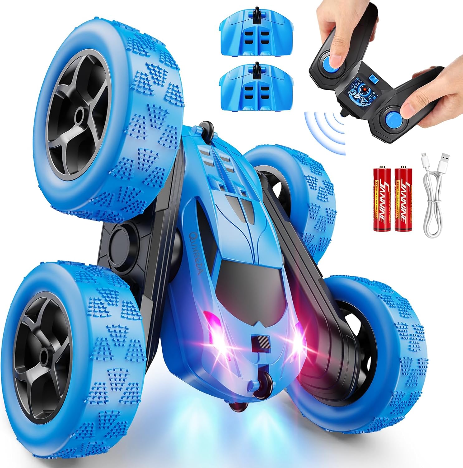 81pa-dG26dL._AC_SL1500_-1 QUNREDA Remote Control Car, RC Cars Toys for Kids Ages 6-12, 4WD Stunt Car with LED Lights & 360° Flips, 2.4GHz, Upgraded USB-C Modular Batteries, 8-10 Year Old Boys Birthday Gift 1-Blue
